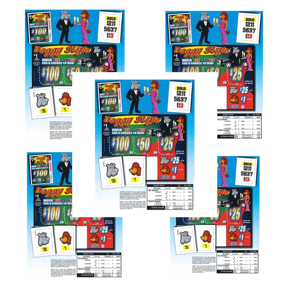 Pull Tab Tickets - Hard Card - Game - 5 Pack - Doggy Style - 240 ct ea
