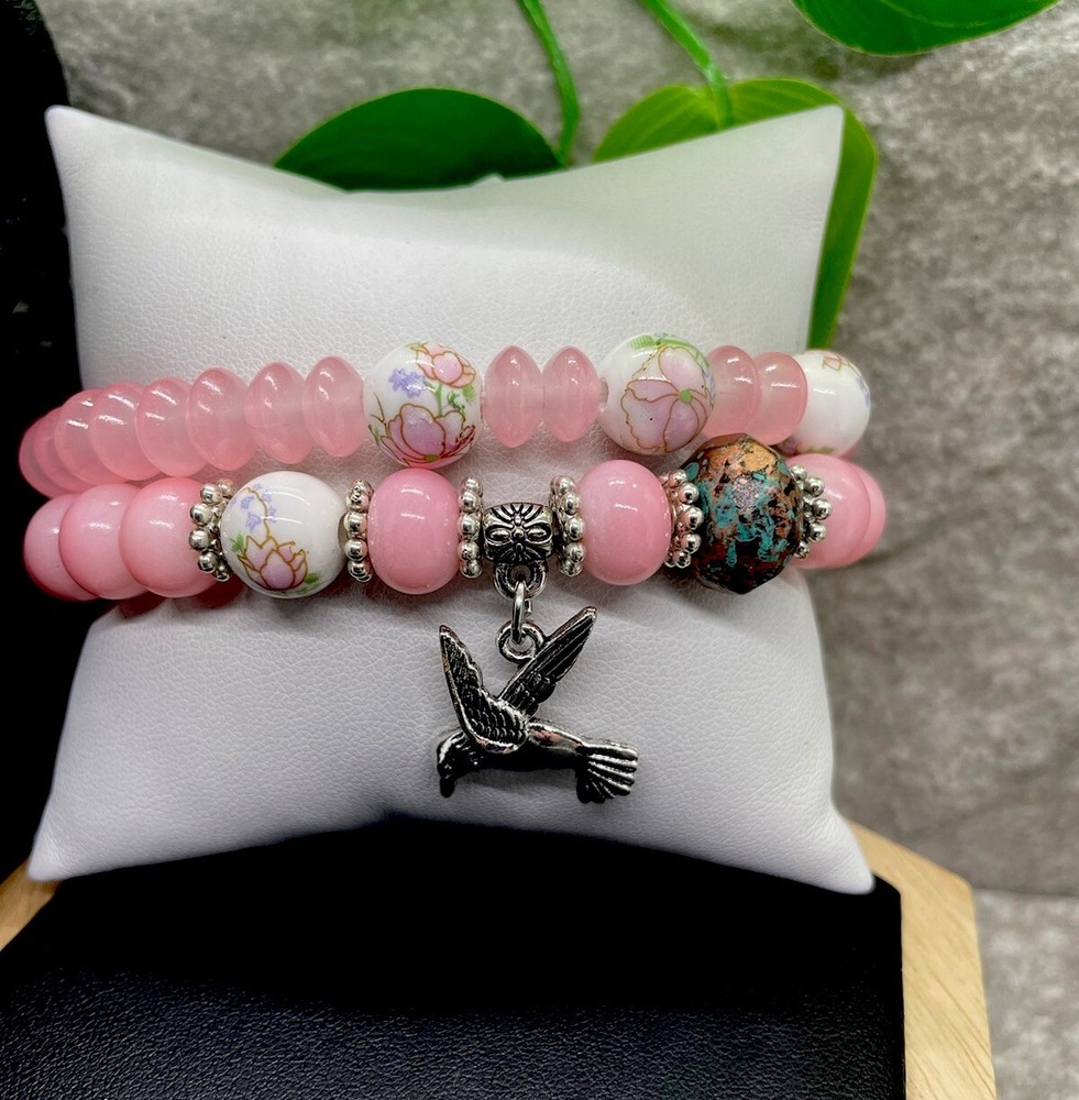 2 PC Handmade Boho Beaded Stackable 7” Plus Stretch Bracelet Set New B1366