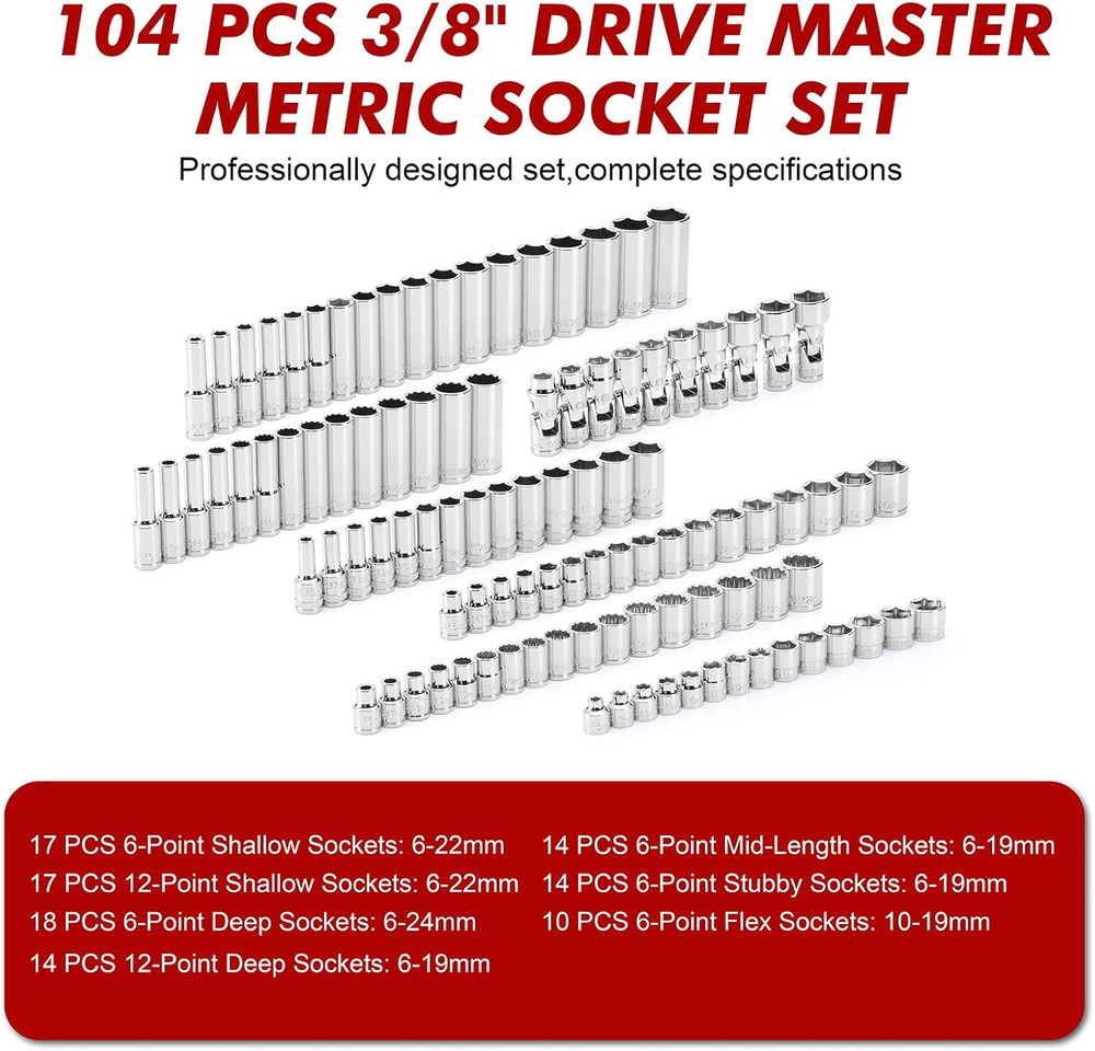 104 PCS 3/8" Drive Master Impact Socket and Flex Socket Set, Include Deep, Mid-L