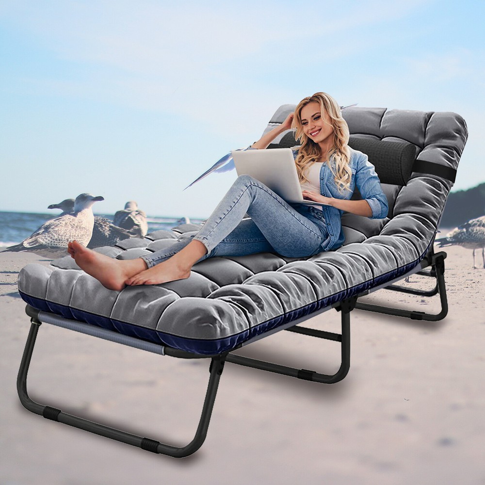 Portable Folding Camping Cot Beds Chaise with Pillow Adjustable 4-Position Chair
