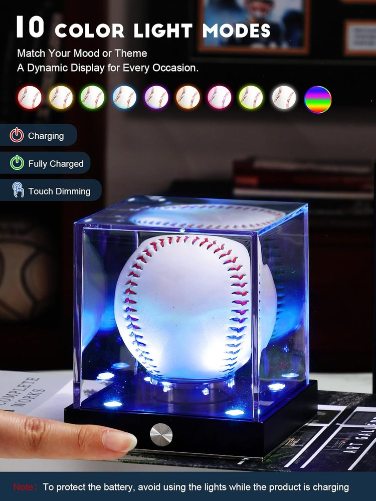 Baseball Display Case Led, Clear Cube Baseball Holder with Memory Function, Auto