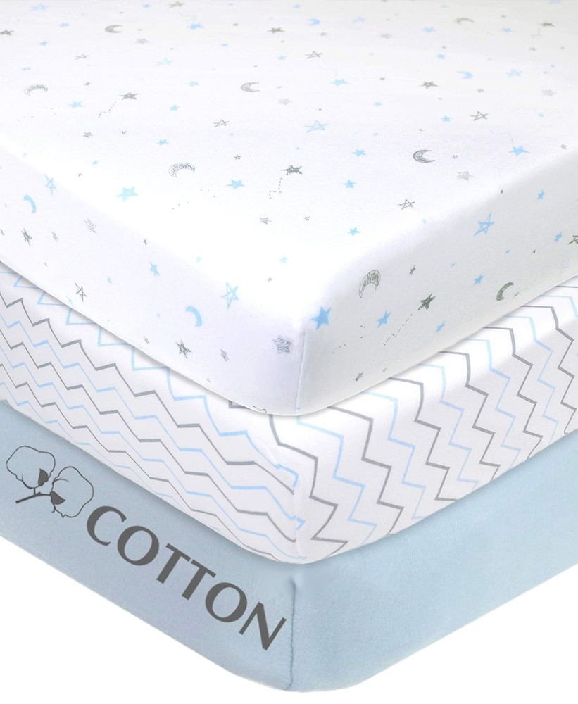 3-Pack Cotton Crib Sheets, Blue Star/Zigzag