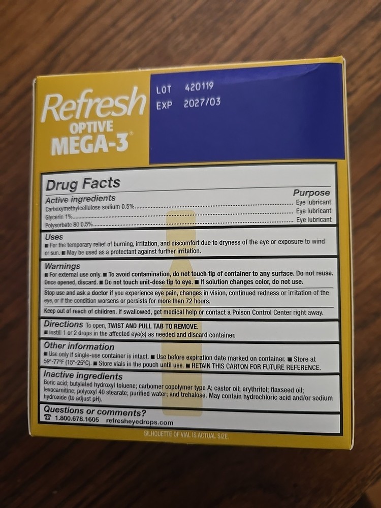 Refresh Optive Mega-3 Lubricant Eye Drops 60 Vials Exp 3/27