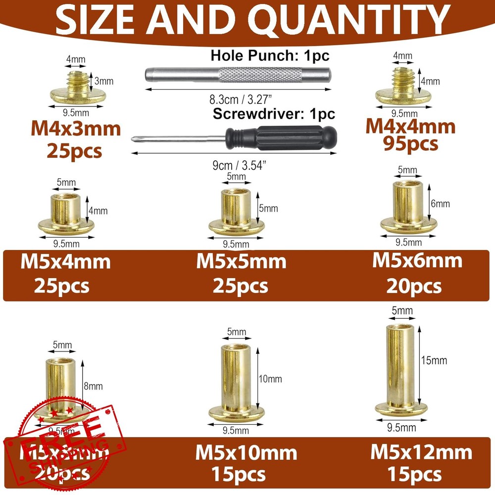 Socell 120pc Chicago Screws Kit Gold M5 Leather Binding Rivets