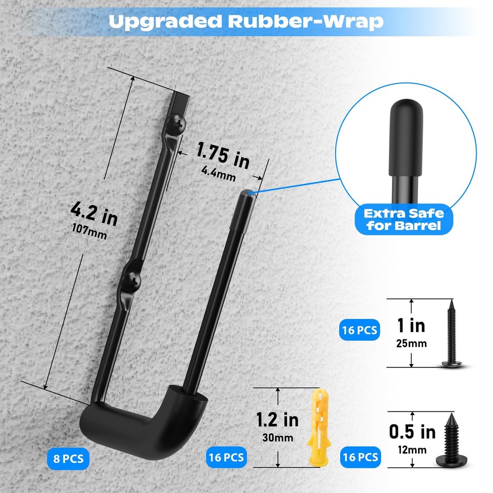 8-Piece Wall Mount Pistol Rack - Rubber Coated Handgun Display System
