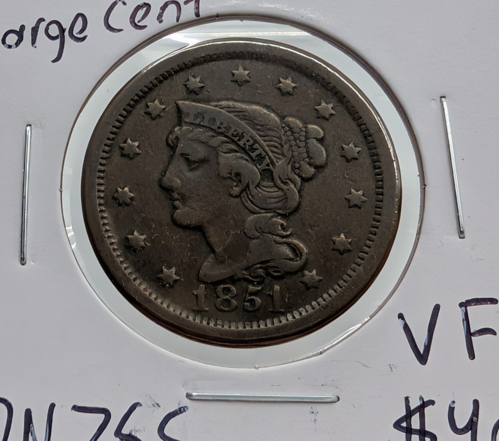 1851- US Braided Hair Large Cent- VF