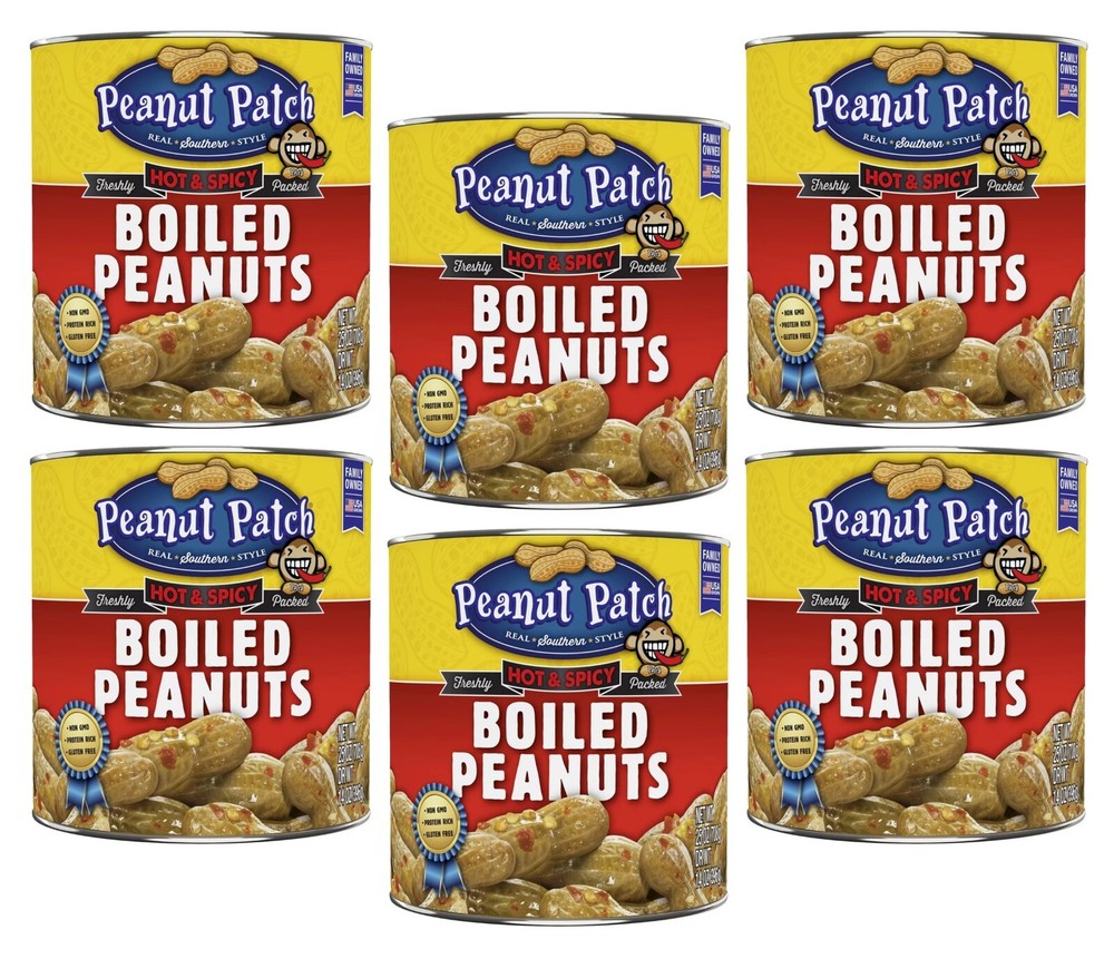 6 Pack Peanut Patch Hot & Spicy Boiled Canned Peanuts Snacks Size 25 oz Cans