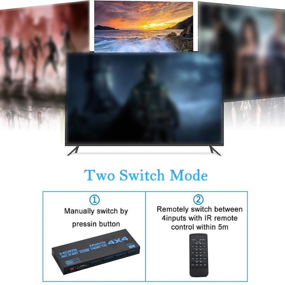 1Pack HDMI Matrix Switch 4x4 4 In 4 Out 4K W/ EDID Extractor & IR Remote Control