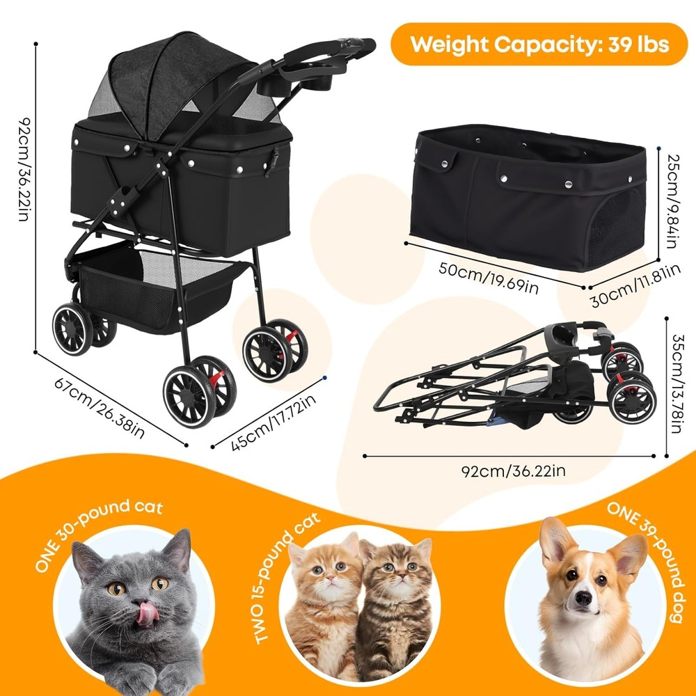 Pet Stroller Dog Stroller Small Medium Dogs Cats 3 Wheels Foldable W/Mesh Canopy