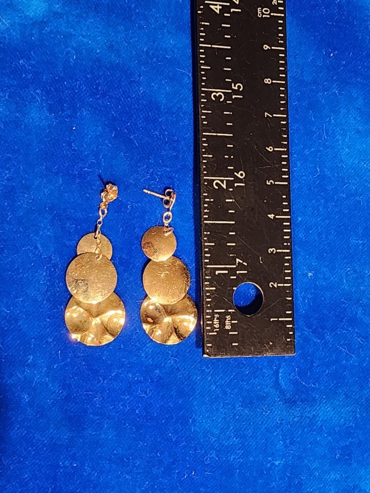 Solid 14K Yellow Gold Drop Dangle Hammered Circle Disc Earrings 1.85 Grams
