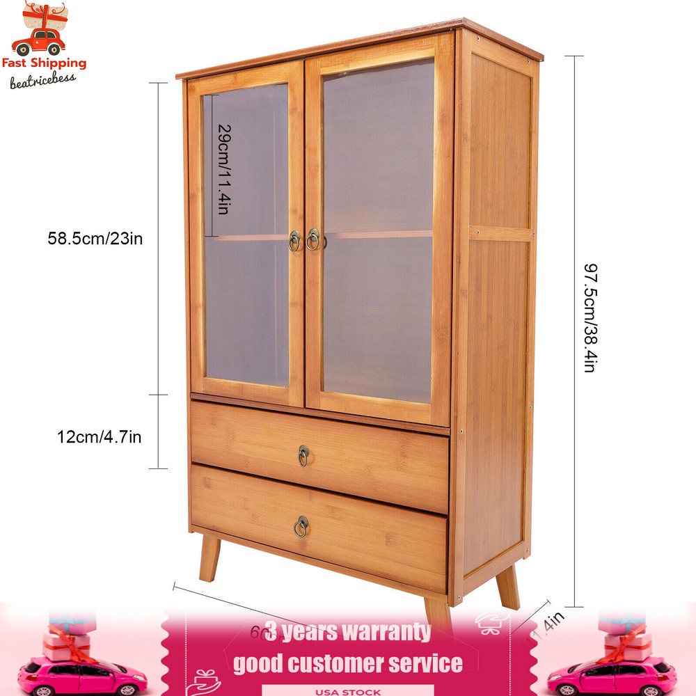 2-Compartments Bamboo Kitchen Sideboard Storage Organizer Cupboard Freestanding