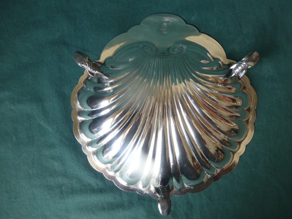 Antique Silver On Copper Shell Shaped Dish with Three Fish Feet
