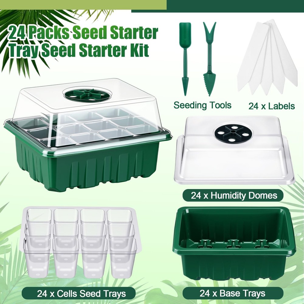 24 Pack Starter Tray Seedling Kit with Adjustable Humidity Dome and Base Indo...