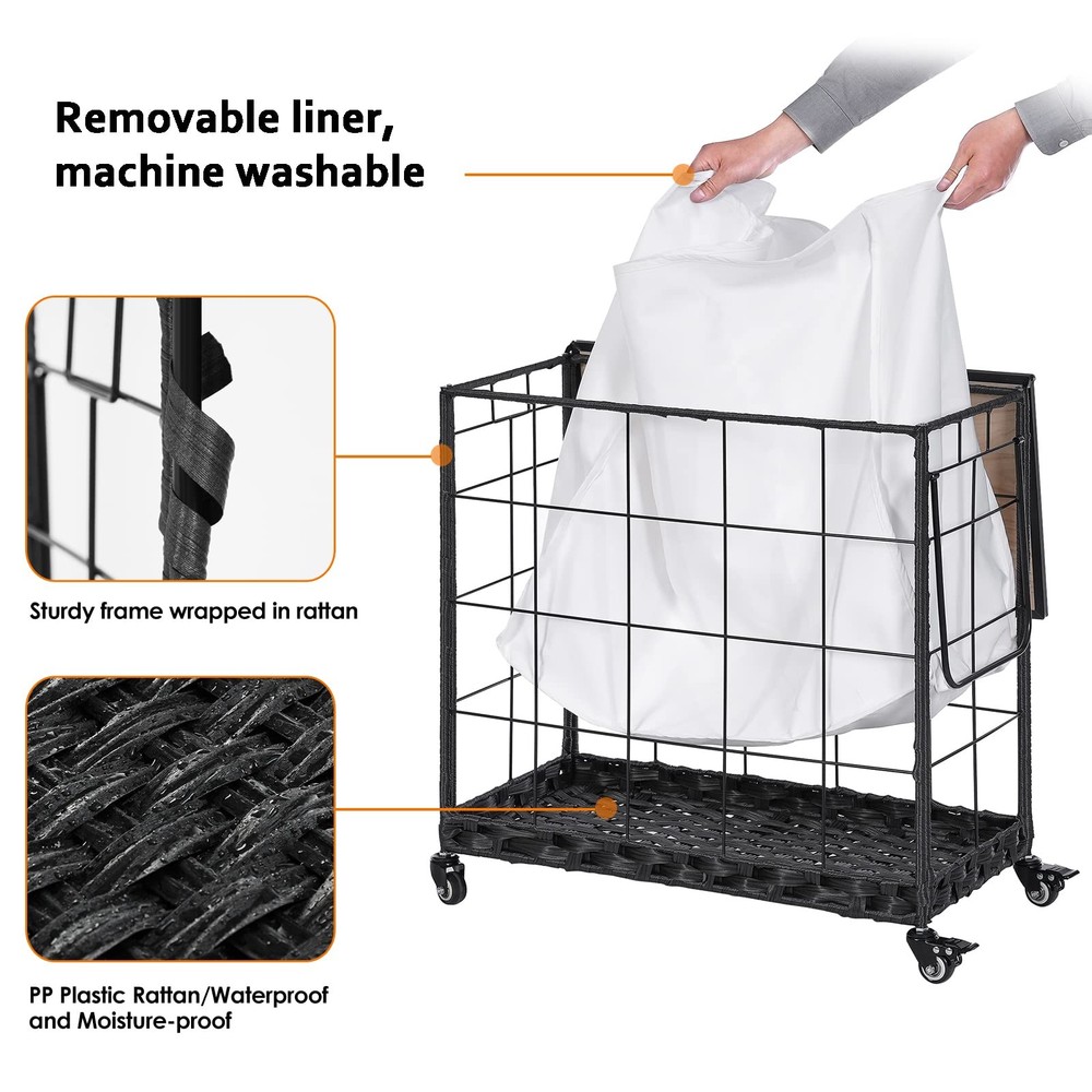 Laundry Hamper with Heavy Duty Caster Wheels; 3 Sections Clothes Hamper with ...