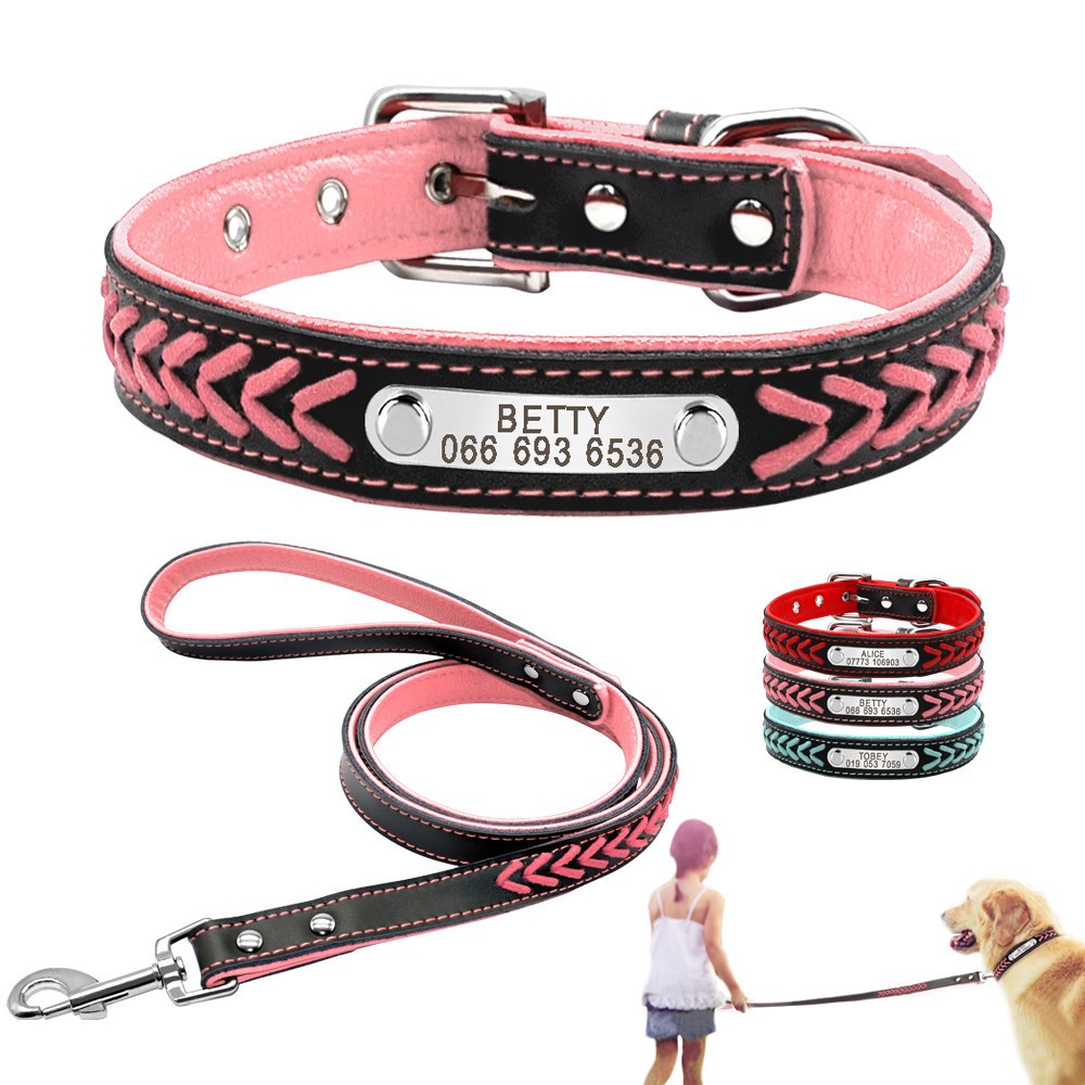 Braided Leather Personalized Dog Collar and Leash set Custom Engraved Name Tag