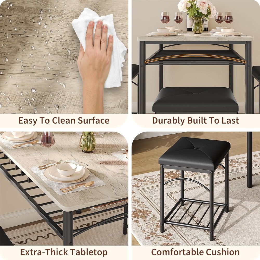 Set for 4 Dining Table Set Kitchen Table W Upholstered Bench and 2 Stools