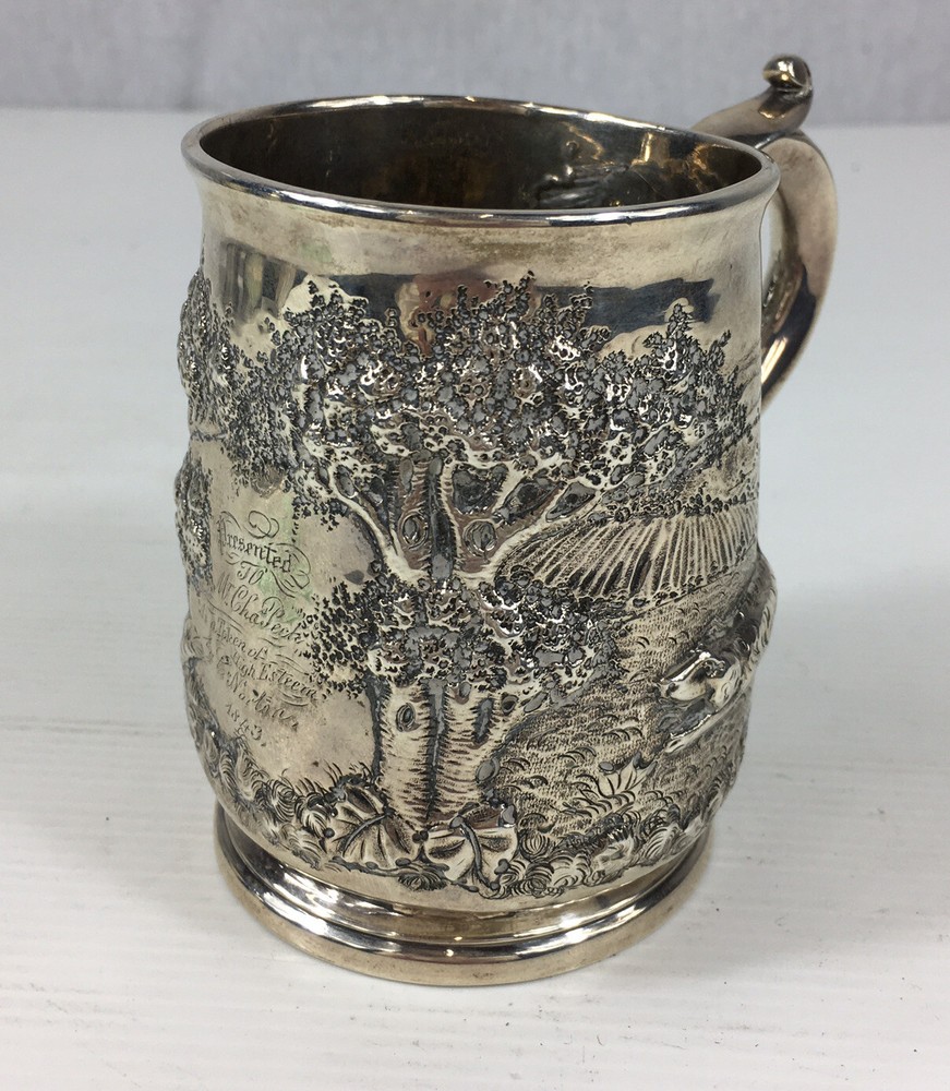 Fine George II Solid Silver Newcastle Embossed Pheasants & Dog Tankard 11cm High
