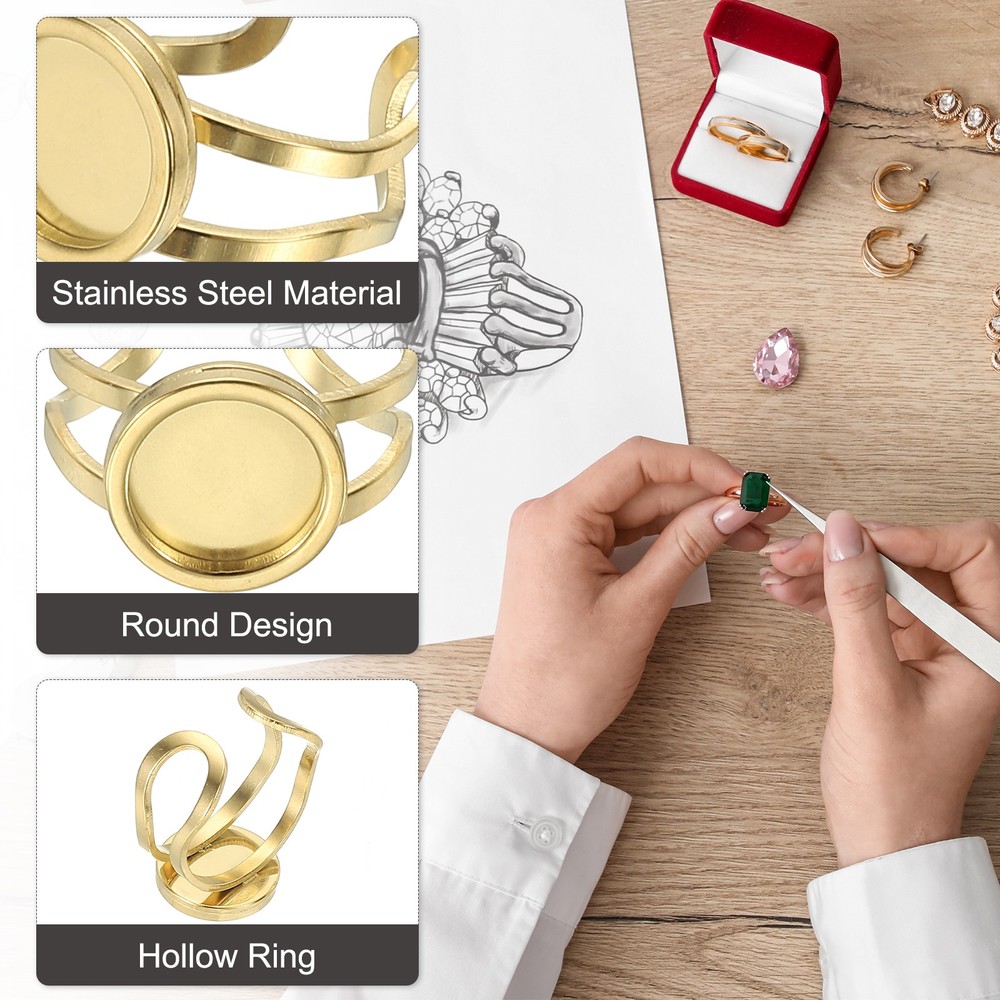Stainless Ring Blank, 12mm 10 Pcs Adjustable Finger Ring Flat Pad Tray, Gold