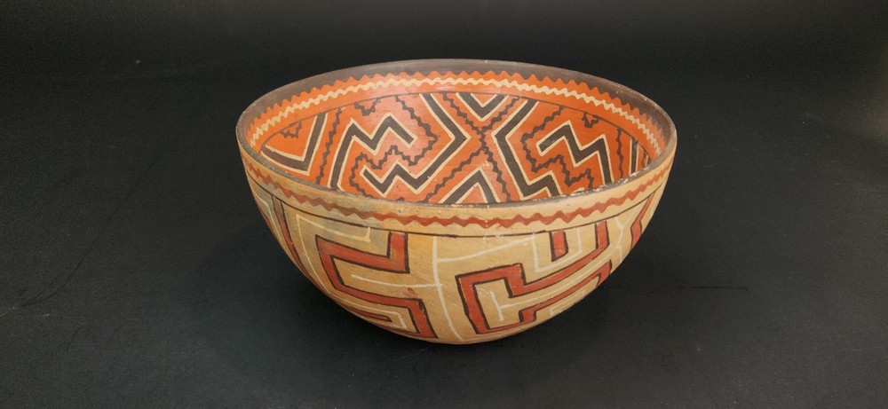 Vintage Peru Shipibo-Conibo Polychrome Earthenware Pottery Rattle Bowl 9.5"