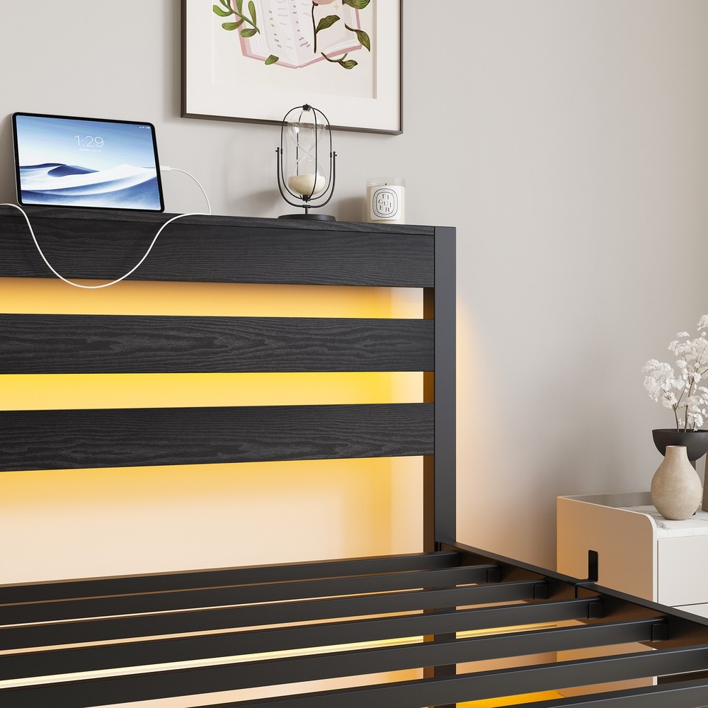 Twin Size Bed Frame Heavy Duty Platform Bed Frame with Headboard, USB Charging S