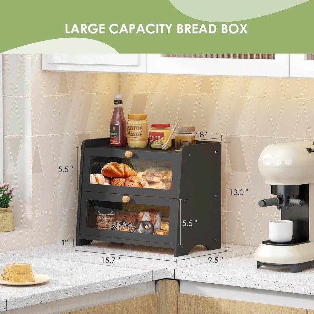 Double Layer Bread Box for Kitchen Countertop, Large Breadbox Bread Container...