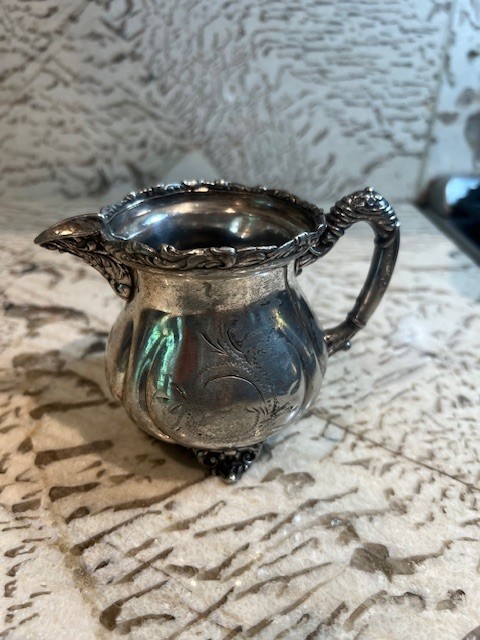Antique Silver Plated Creamer Pitcher with Floral Etching