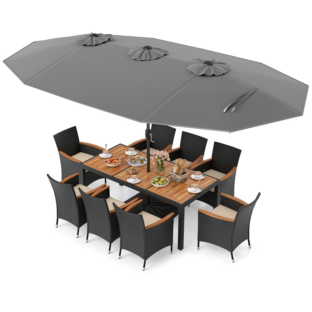 11 PCS Patio Wicker Dining Set w/Double-Sided Outdoor Umbrella 8 Stackable