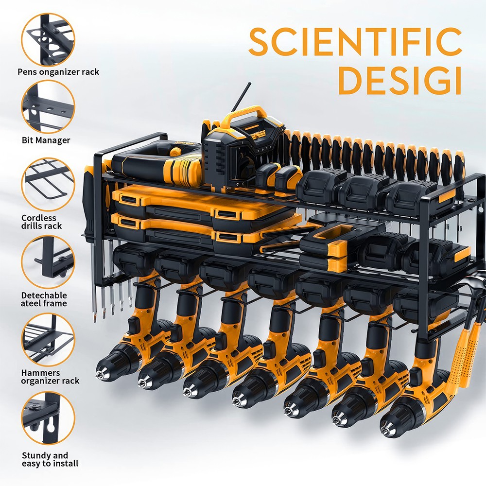 3 Layers Wall-Mounted Power Tool Organizer Storage Rack w/ 7 Drill Holders Shelf