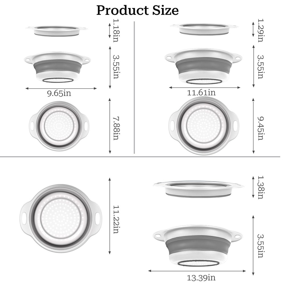 Collapsible Colander 3-Pack Set Space-Saving Foldable Kitchen Strainer with N...
