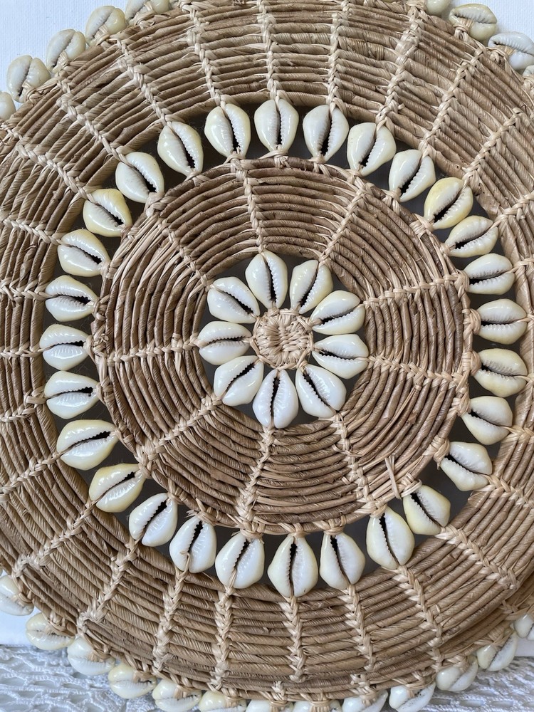 Round Wicker Decorative Basket with Shell Accents, Boho Style, Handmade