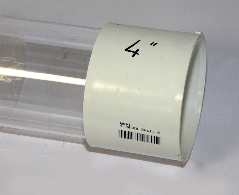 Clear acrylic Plastic Pipe 4.5" x 12" fits PVC couplings