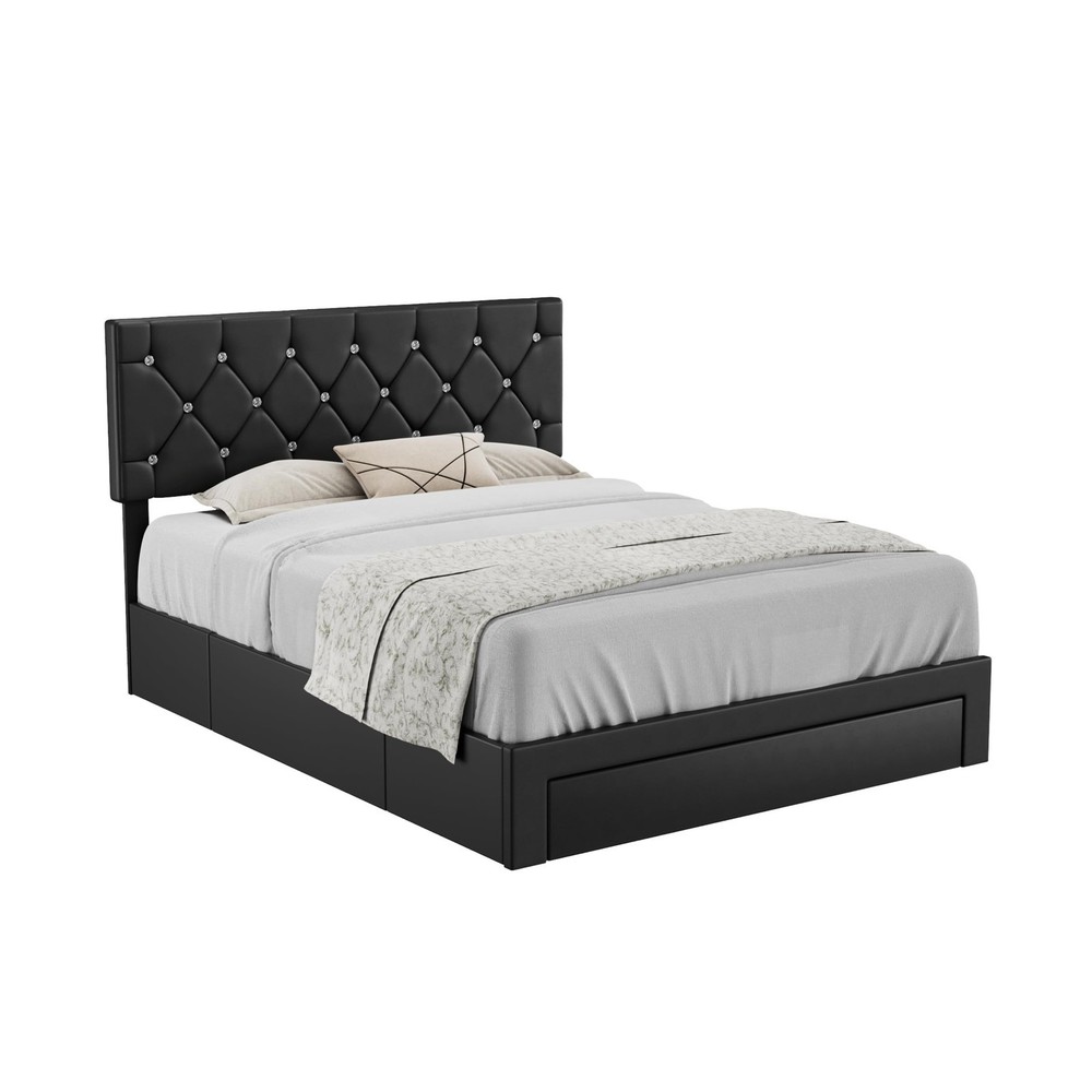 VECELO Queen Size Bed Frame with 3 Storage Drawers, Leather Upholstered with ...