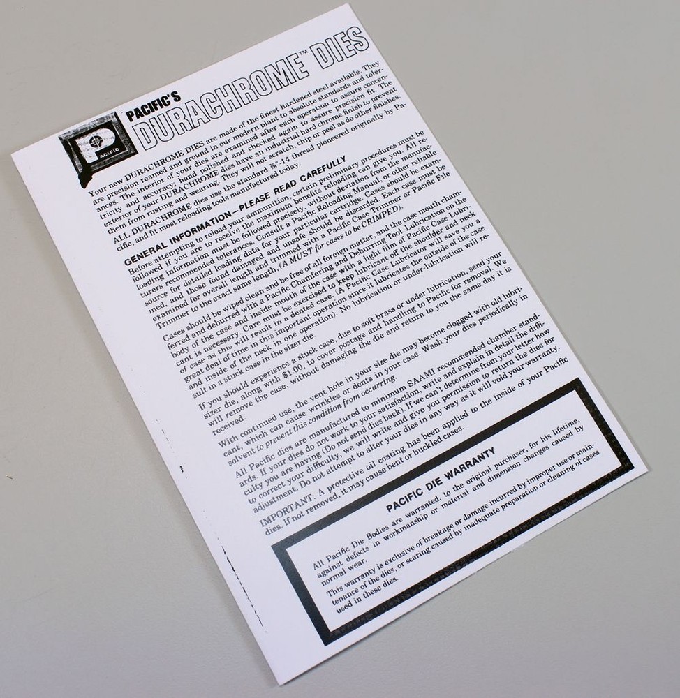 Pacific Durachrome Dies Reloading User Manual Instructions Operators Owners