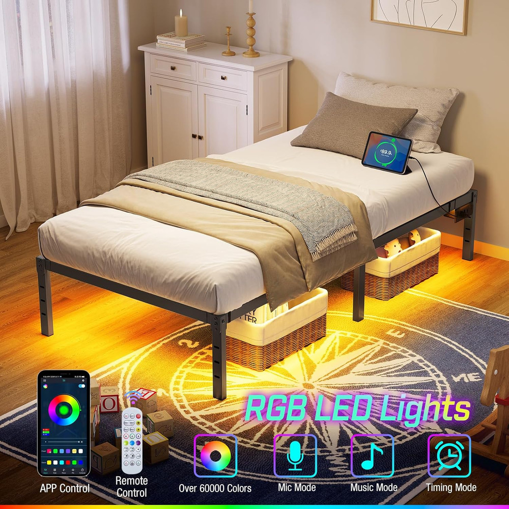Bed Frame with USB Charging Station, Twin Bed Frame with LED Lights, Platform Be