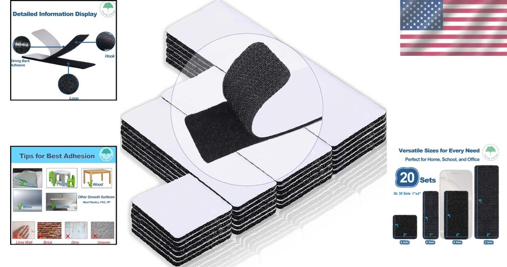 20-Pack Heavy-Duty Adhesive Hook and Loop Strips - Strong Double-Sided Fasteners
