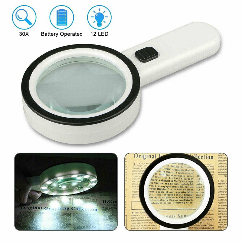 Handheld Magnifier 30X Multiple Microscope Magnifying Glass Loupe Lens 12 LED