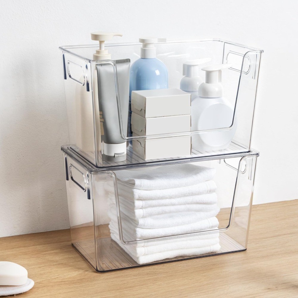Large Stackable Storage Bins with Lids 2 Pack, Open Front Plastic Container