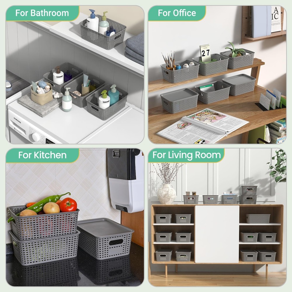 Ohmlove Plastic Storage Baskets with Lid - Stackable Containers Organizer Bins
