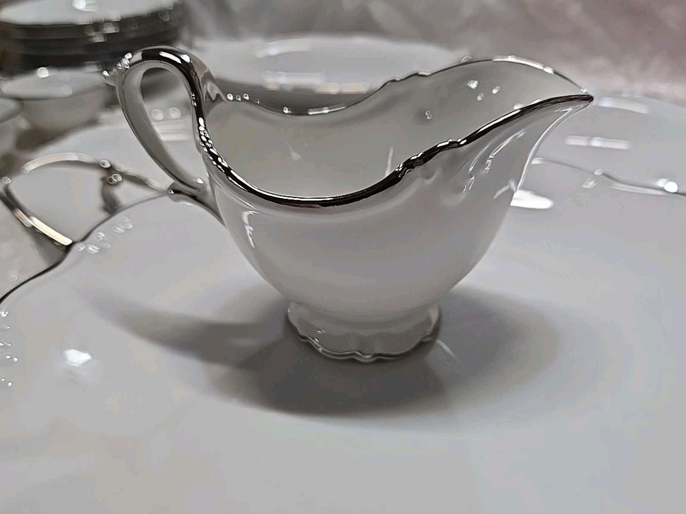 53 Pc Bavaria Tirschenreuth Silver Scroll Scalloped Dinnerware Set Pasco White