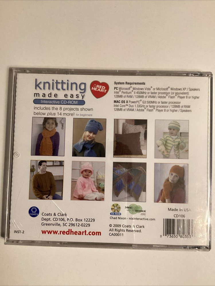 NEW KNITTING MADE EASY CD-ROM + 22 PATTERNS RED HEART Beginner Basics