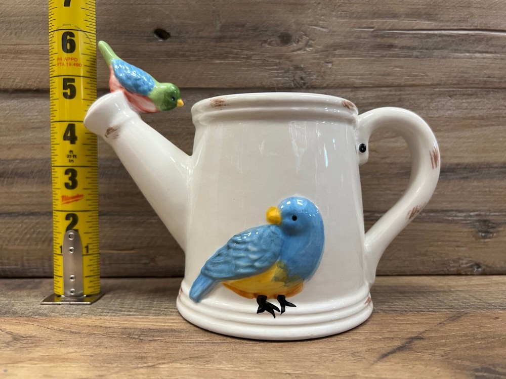 Birds On Watering Can Ceramic Planter 8" x 6"