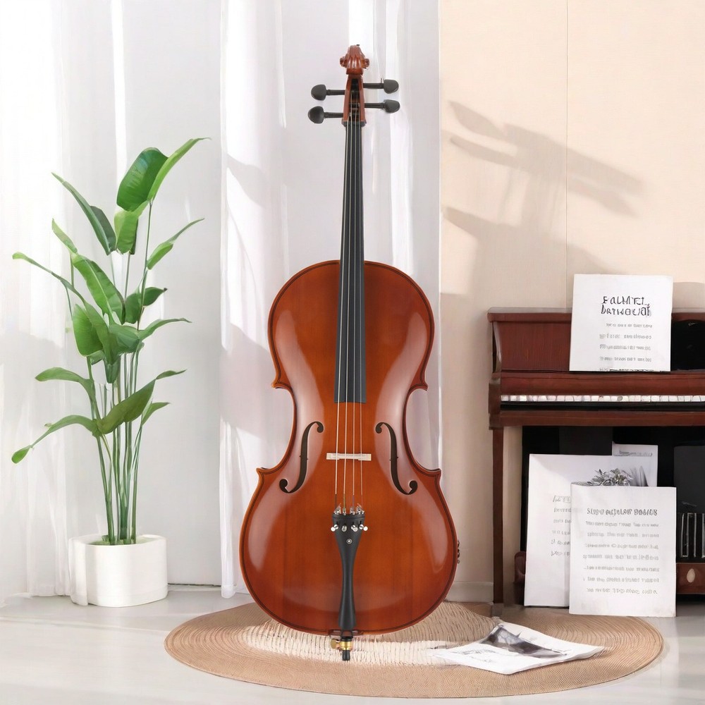 Full Size Natural 4/4 Acoustic Cello Set w/ Spruce Panel & Tiger Pattern Process
