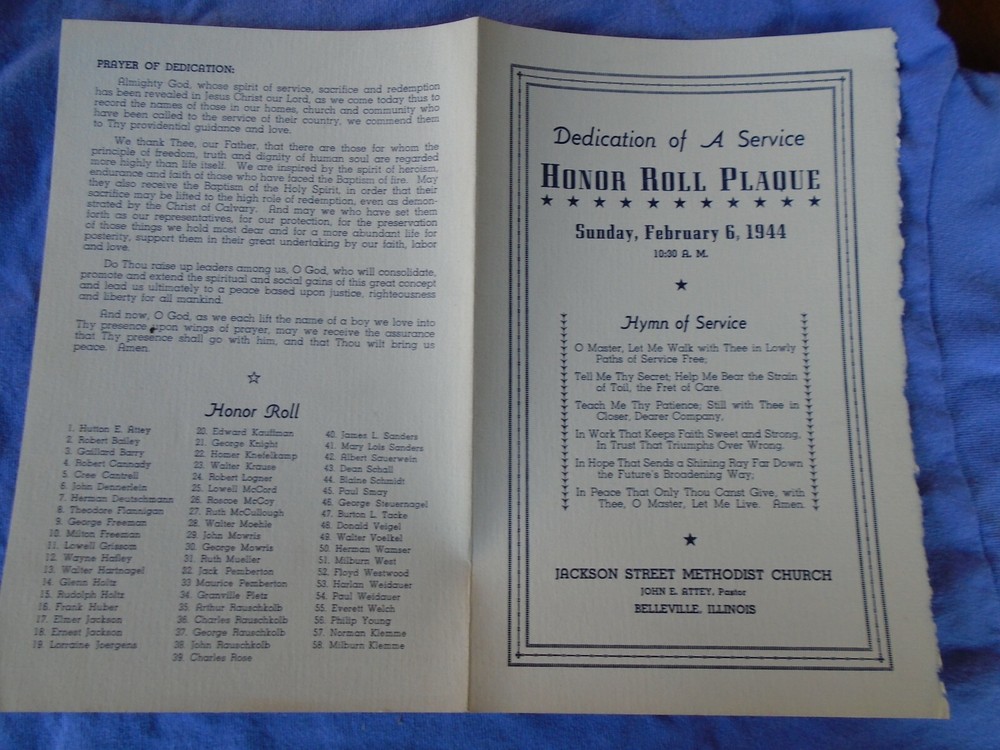 Belleville, Illinois  1944 Honor Roll Plaque dedication  program, home front