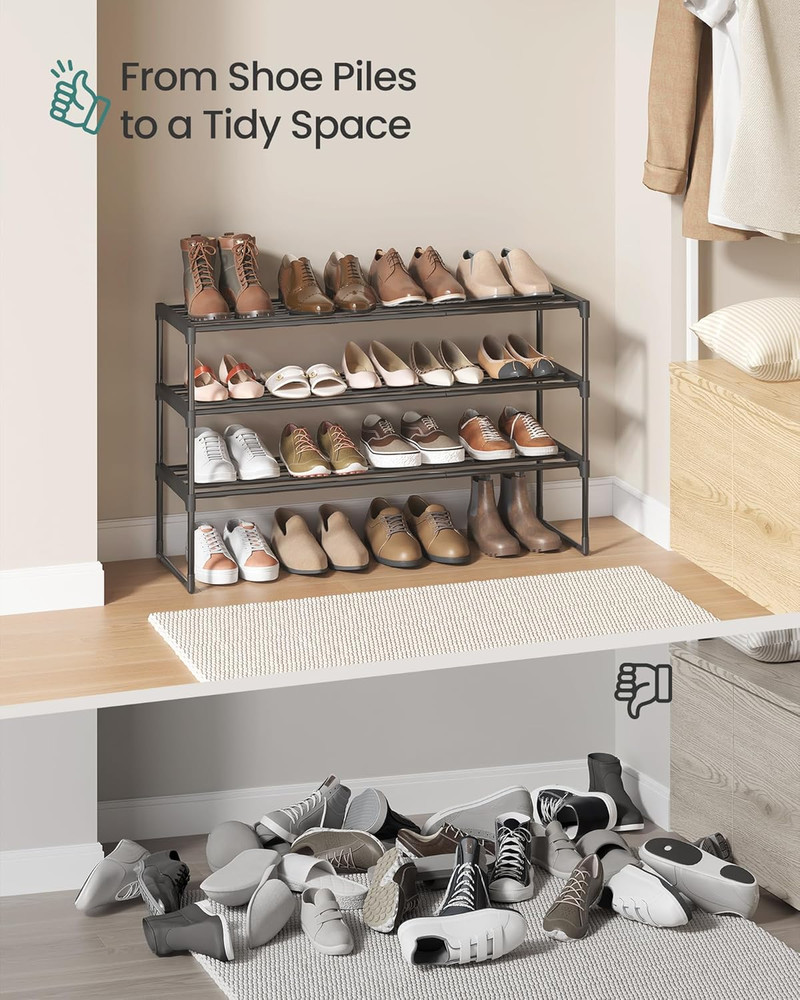 3-Tier Metal Shoe Rack, Stackable Organizer for 16-20 Pairs, Black