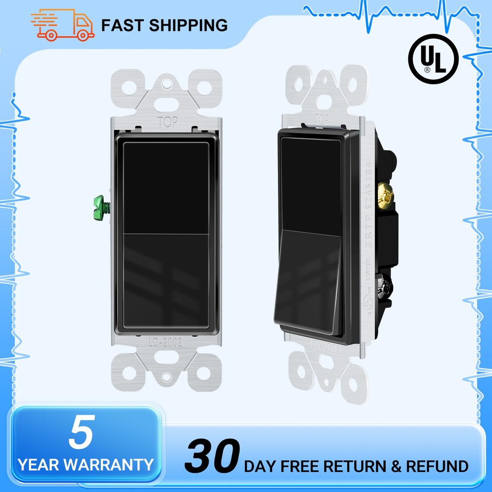 Black Single Pole Rocker Light Switch 15A 120/277V Durable UL/CUL Listed 2 PCS