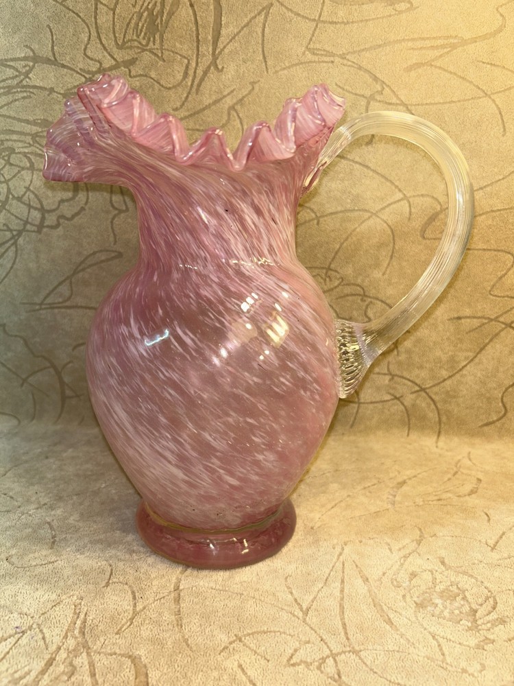 1980s Pink and White Spatter Glass Pitcher with Applied Threaded Handle Ruffled