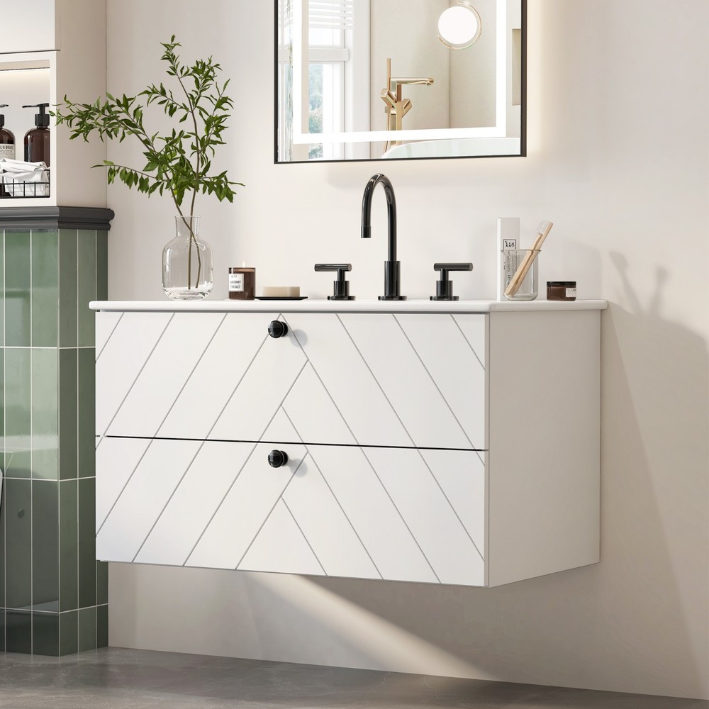 Floating Wall-Mounted Vanity Set with Ceramic Sink, Soft-Close Drawers White