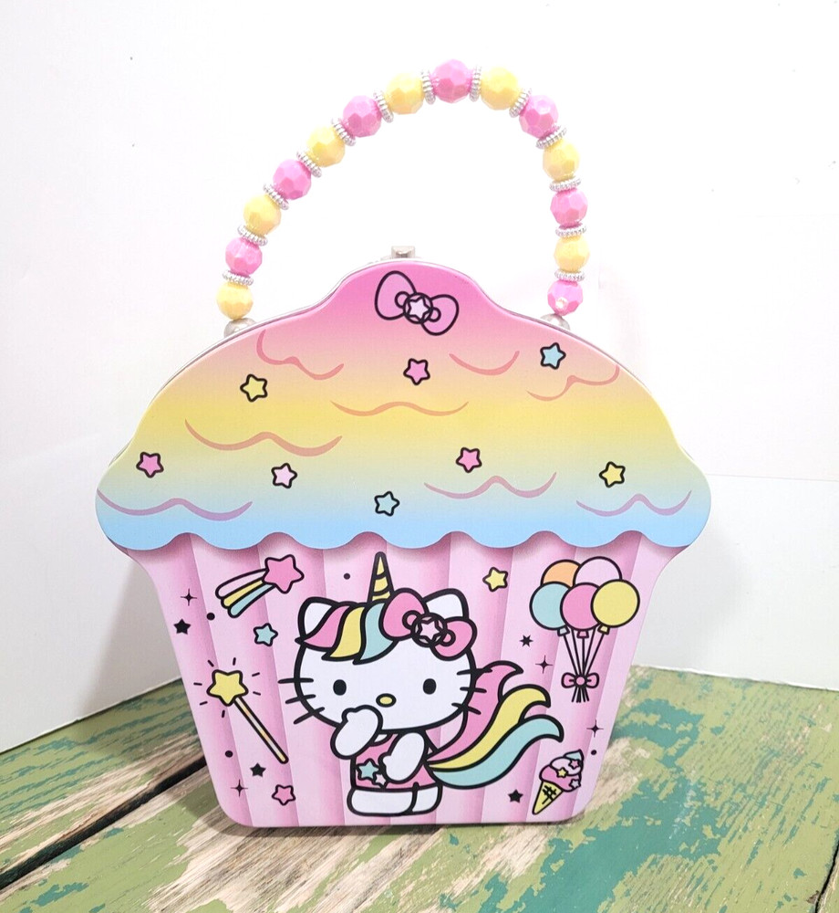 Hello Kitty Rainbow Unicorn Cupcake Shaped Easter Tin Box w/ Beaded Handle 7"H