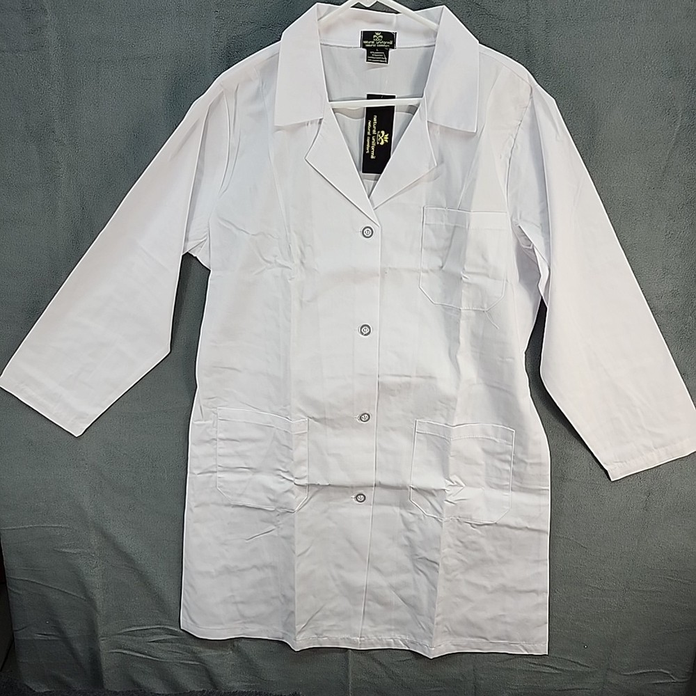 Natural Uniforms Lab Coat White Size Large # 1516 3 Front Pockets W/ Back Strap