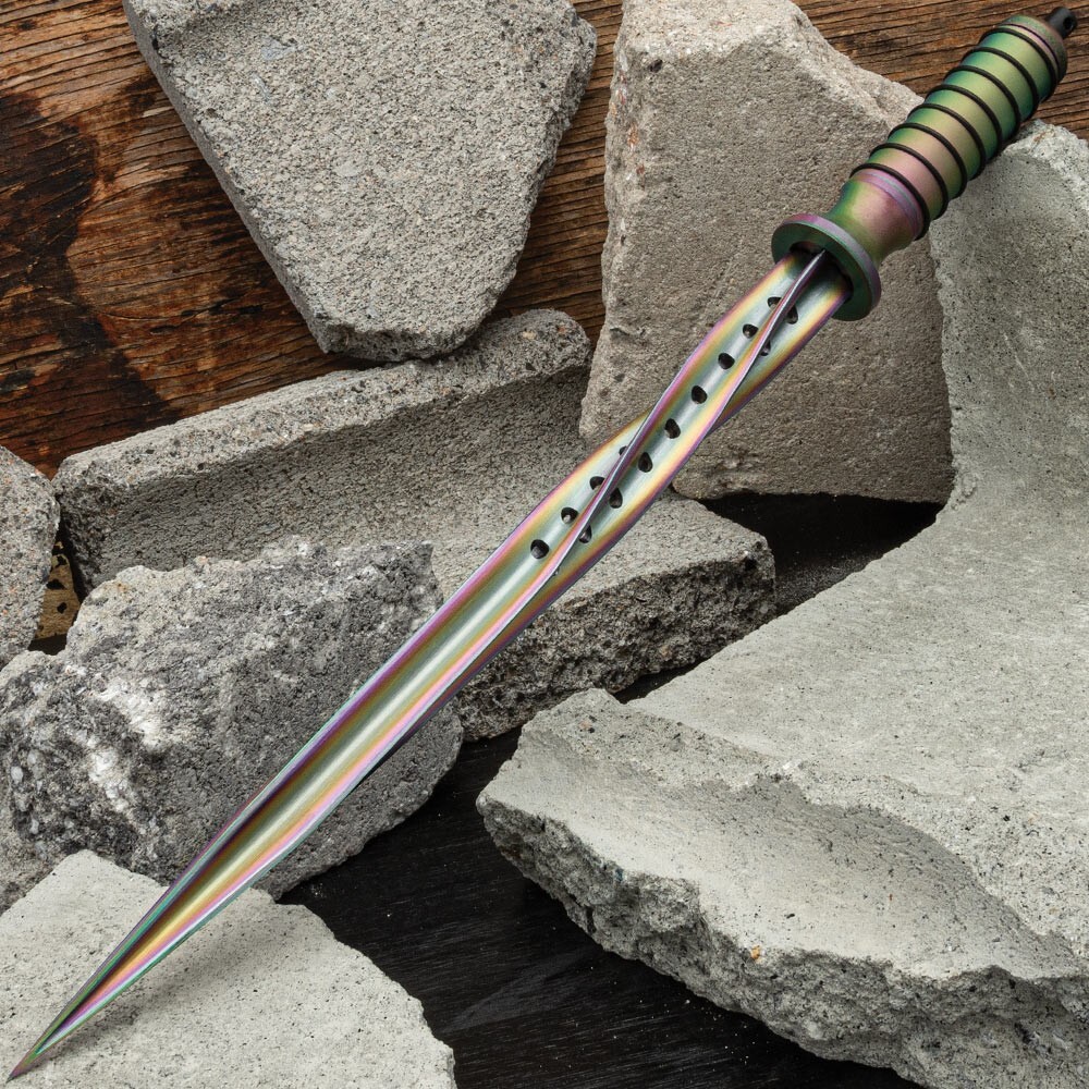Rainbow Titanium Spiral Dagger & Sheath | Quad-Edged Spiral Blade | 16 1/2"